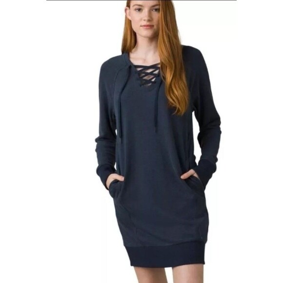 Prana Cozy Up Terry Dress Nautical Blue Long Sleeve Lace Up Relaxed Hemp Size XS - Picture 1 of 7